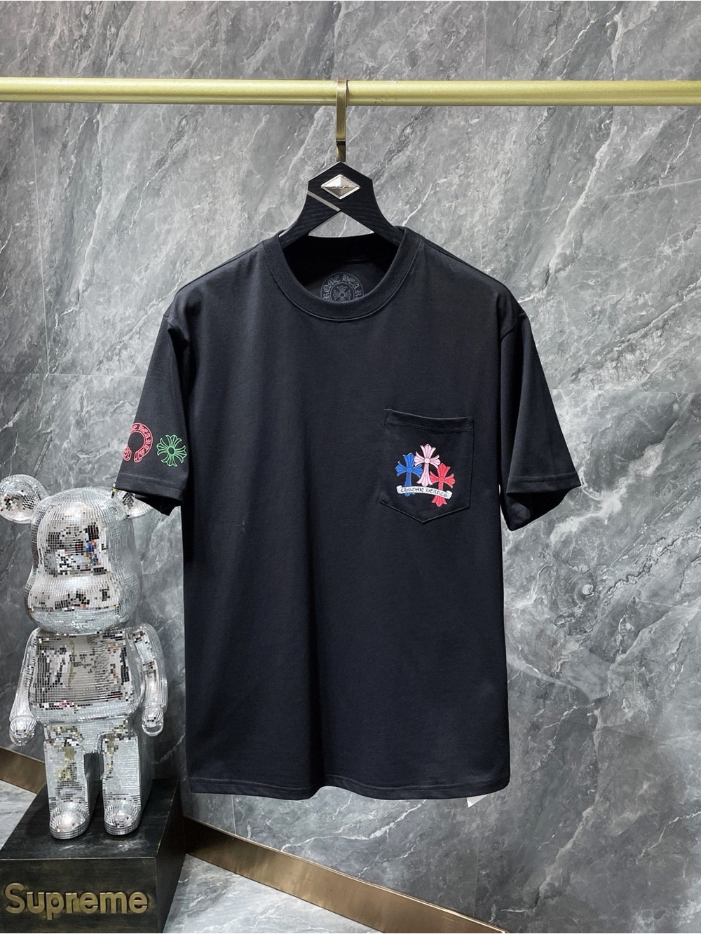 CHROME HEARTS- Black Pocket Tee with Colorful Crest